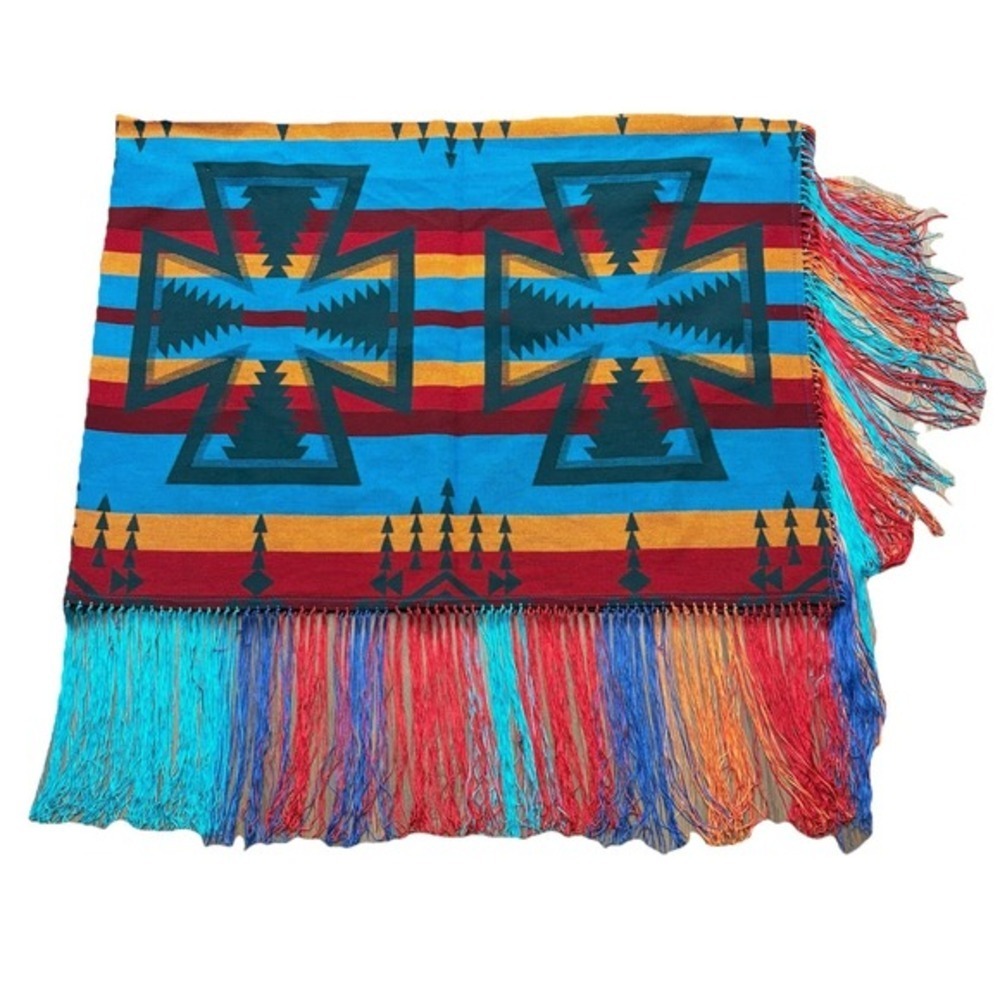 Southwestern Wool‎ Geometric Fringed Shawl Robe Multicolor 28x78 Blue